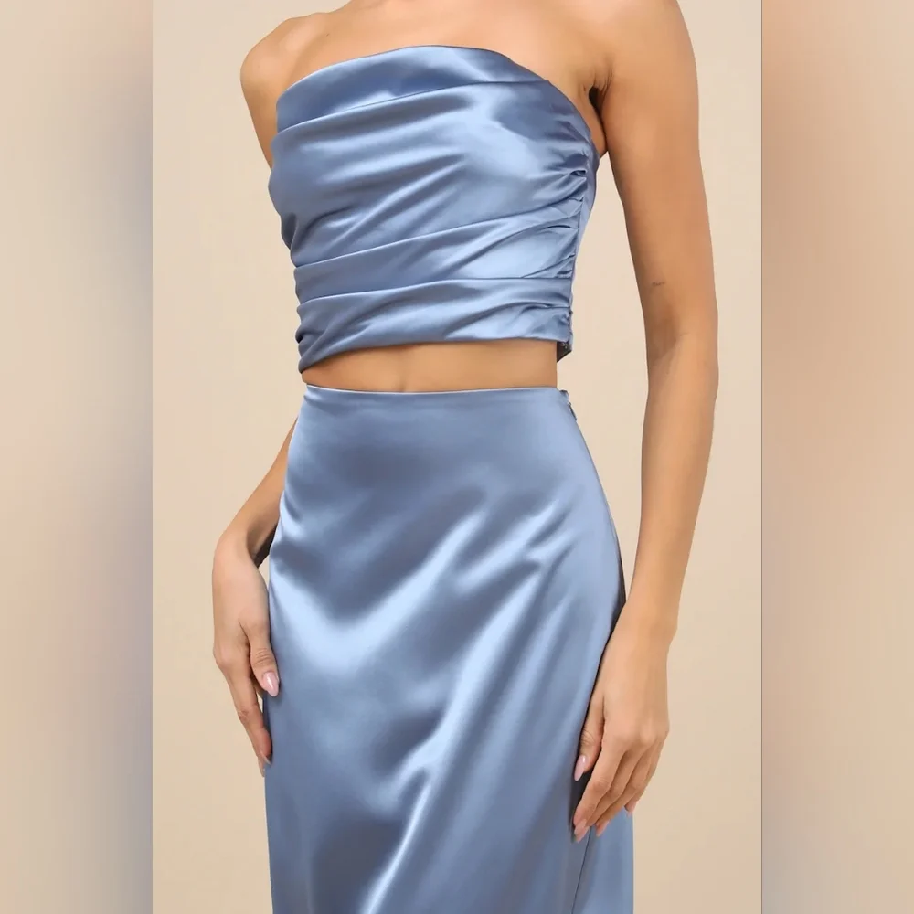 Lulus Demure Sweetie Slate Blue Satin Strapless Two-Piece Midi Dress M Wedding - Picture 3 of 10